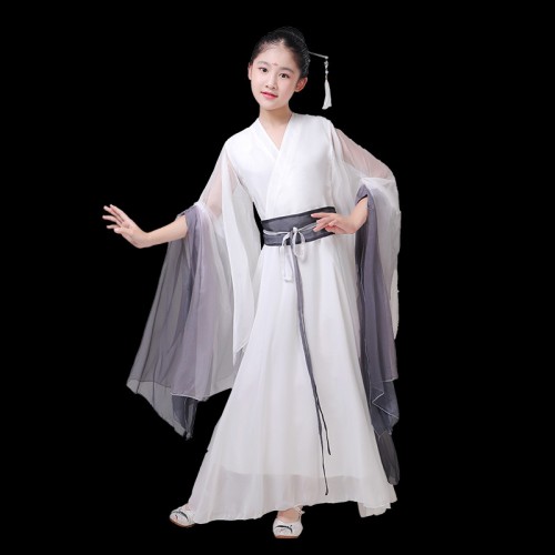 Girls kids hanfu fairy cosplay dress white with black gradient colored chinese folk dance costumes 